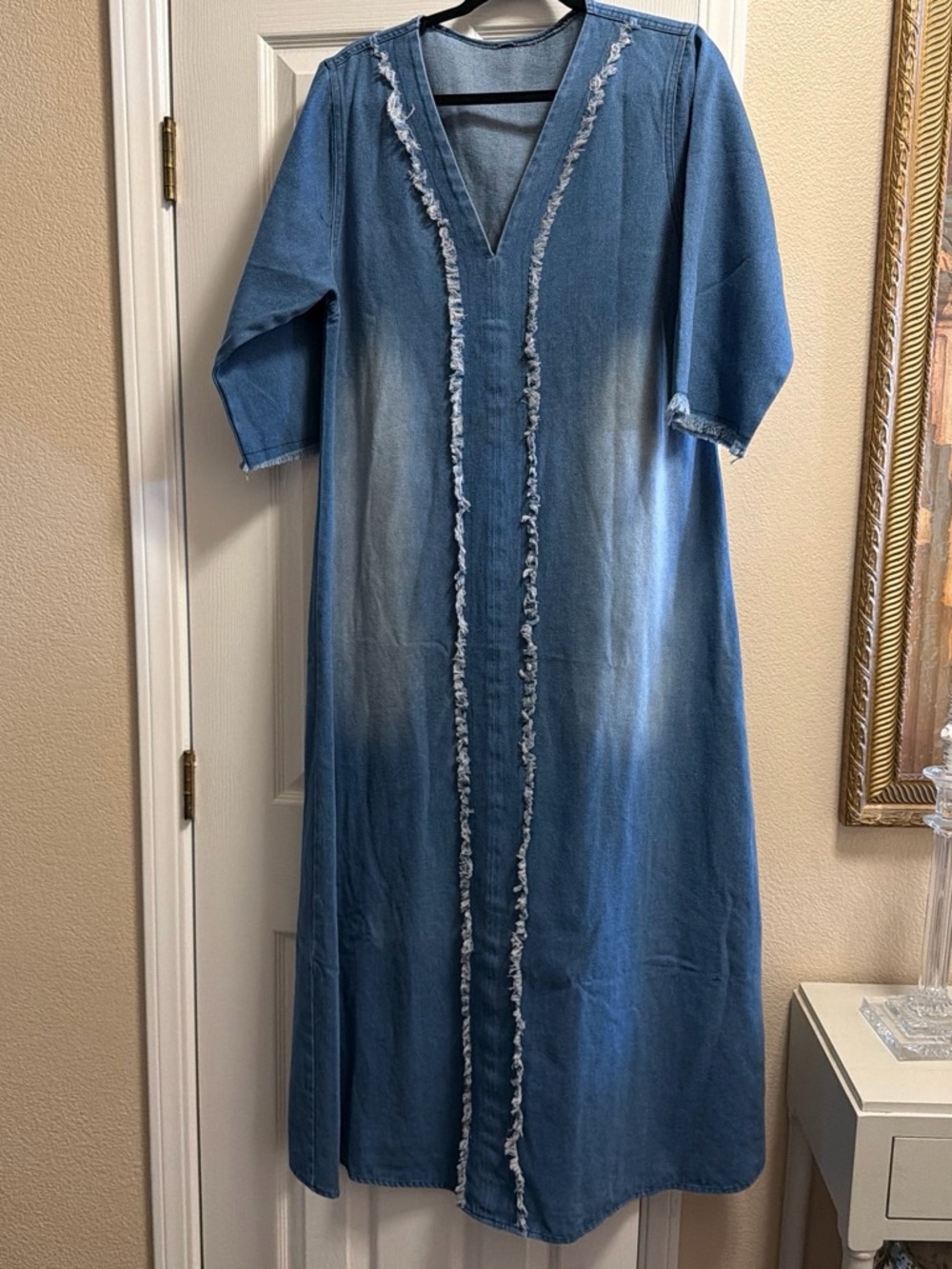 Blue Denim-Style Maxi Dress with Frayed Trim